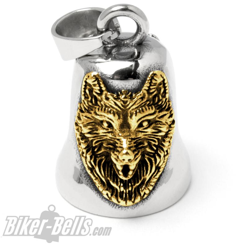 Biker-Bell mit goldenen Wolfsköpfen aus Edelstahl Motorrad Glücksbringer Geschenk