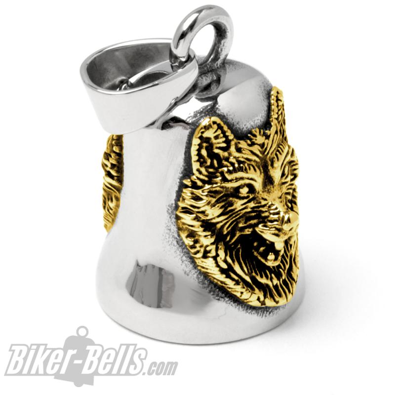 Biker-Bell mit goldenen Wolfsköpfen aus Edelstahl Motorrad Glücksbringer Geschenk