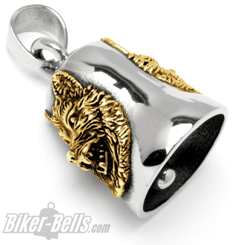 Biker Bell with golden Wolf made of Stainless Steel Motorcycle Lucky Charm Gift