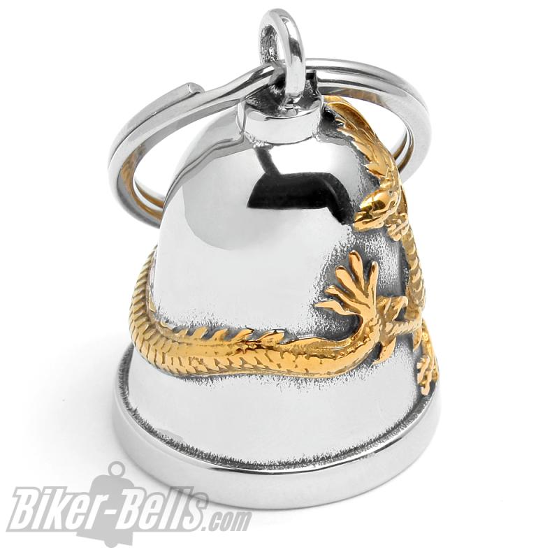 Preview: Goldener Drache Biker-Bell aus Edelstahl Motorradfahrer Glücksbringer Geschenk