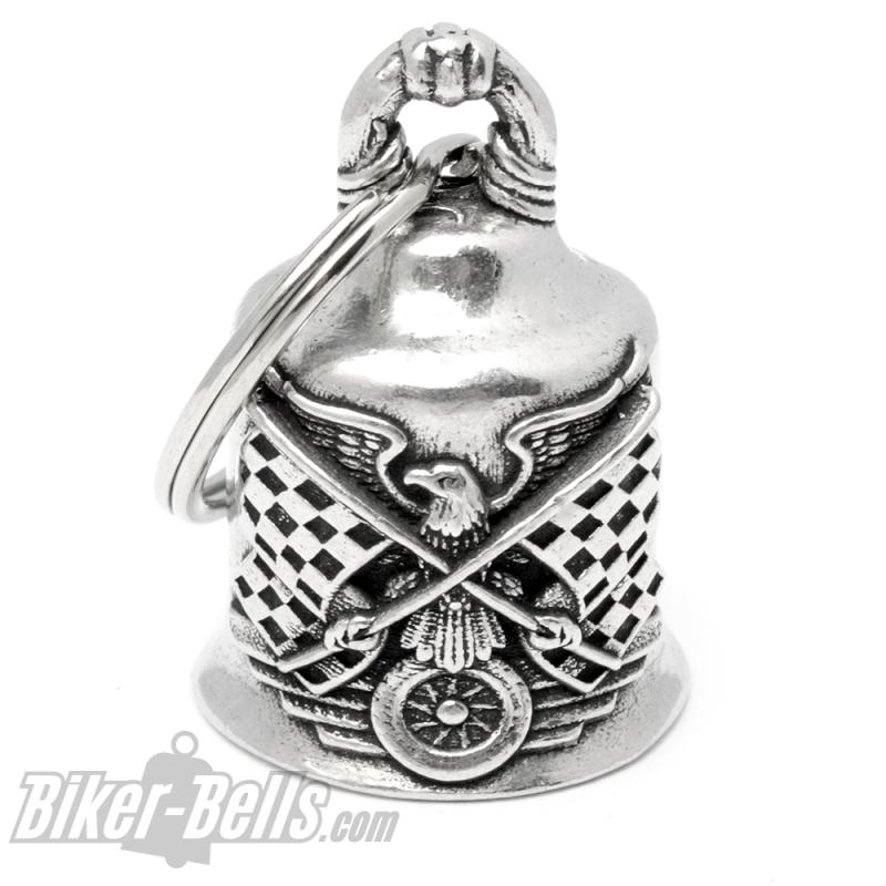 Race Eagle Biker-Bell Adler mit Zielflaggen und Reifen Motorrad Glücksbringer Geschenk