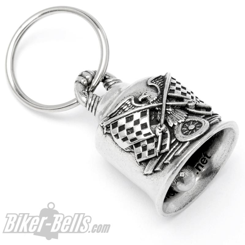 Race Eagle Biker-Bell Adler mit Zielflaggen und Reifen Motorrad Glücksbringer Geschenk