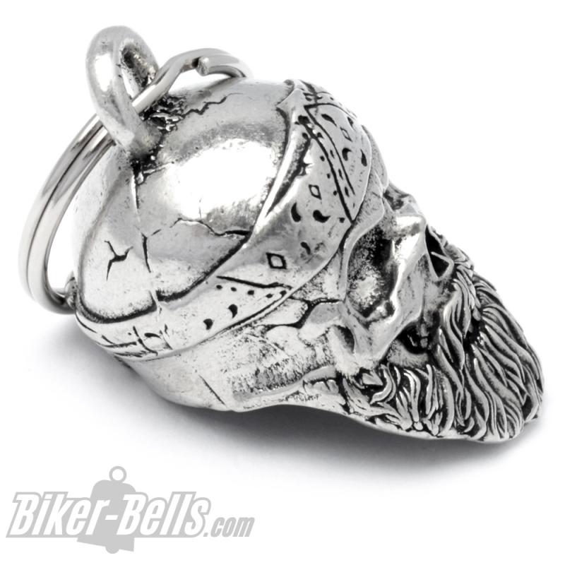 3D Oldschool Biker Totenkopf mit Bart und Bandana Biker-Bell Motorrad Glocke