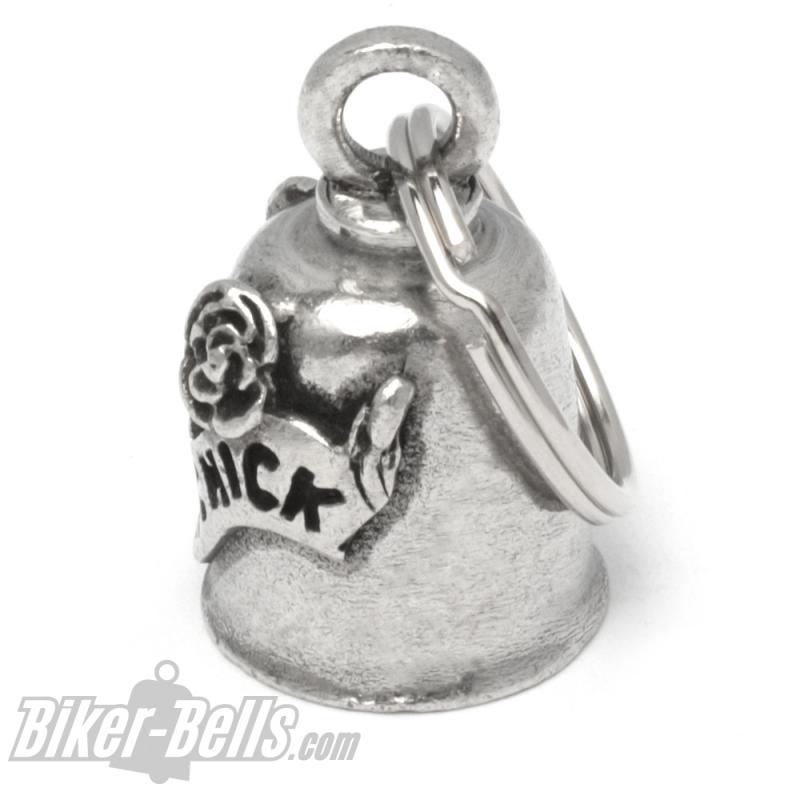 Biker Chick Gremlin Bell mit Rose Glücksbringer-Glöckchen für Motorradfahrerinnen