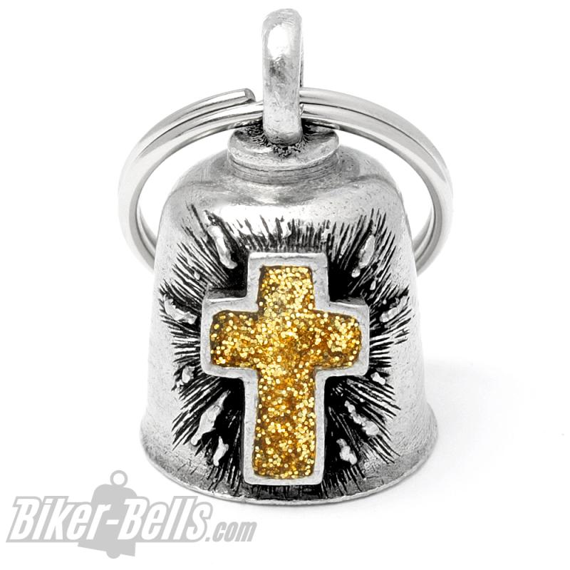 Gremlin Bell mit goldenem Glitzer Kreuz Motorrad Glücksbringer Glocke Geschenk