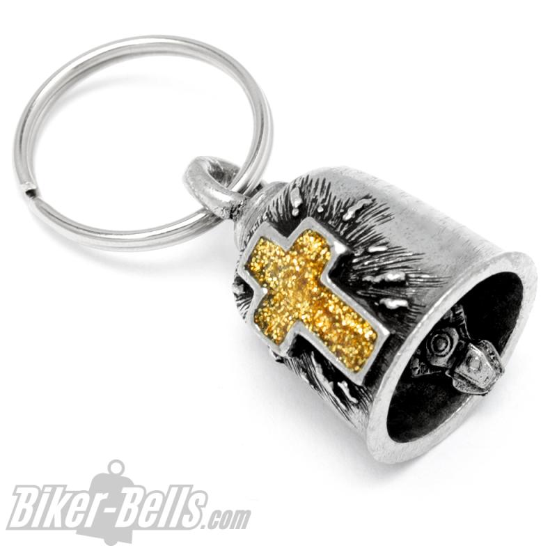 Gremlin Bell mit goldenem Glitzer Kreuz Motorrad Glücksbringer Glocke Geschenk