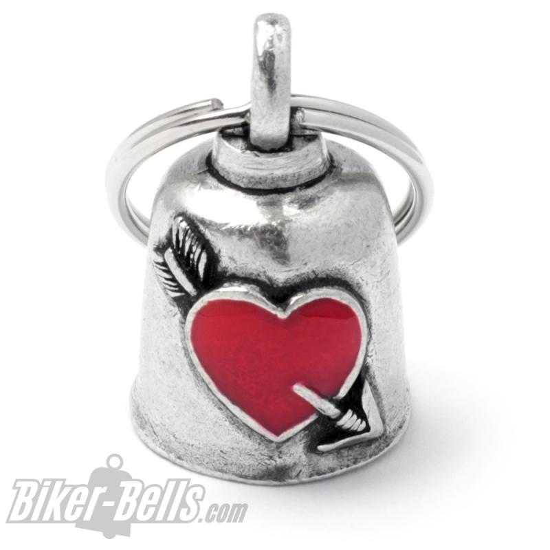 Biker-Bell mit rotem Herz von Pfeil durchbohrt Motorradfahrer Liebe Glücksglöckchen