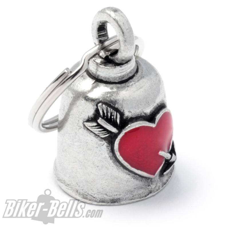 Biker-Bell mit rotem Herz von Pfeil durchbohrt Motorradfahrer Liebe Glücksglöckchen