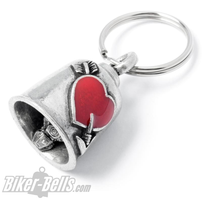Biker-Bell mit rotem Herz von Pfeil durchbohrt Motorradfahrer Liebe Glücksglöckchen