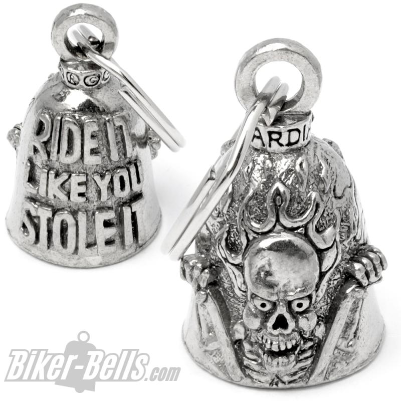 "Ride It Like You Stole It" Guardian Bell Totenkopf Skelett mit Flammen Hell Rider