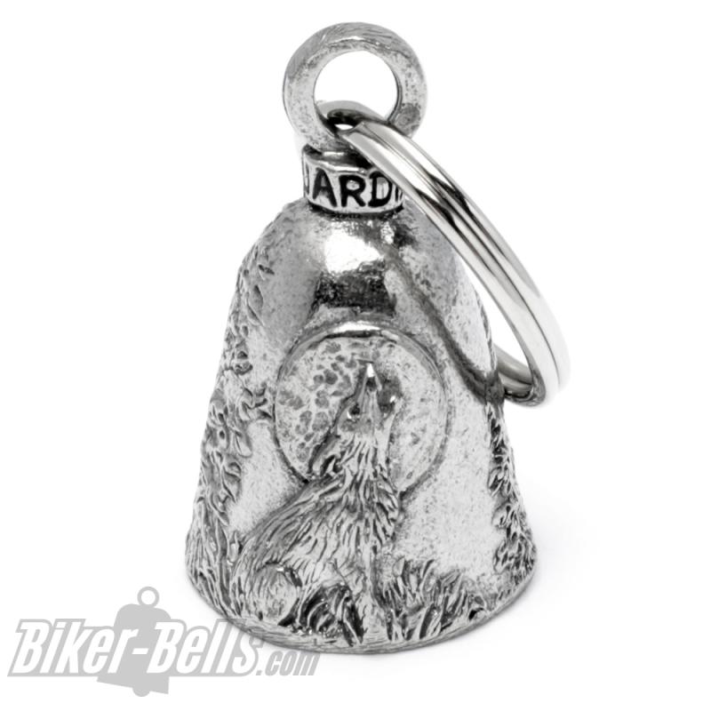 Wolf Guardian Bell mit Vollond und Nadelbäumen Motorradfahrer Glücksbringer Glocke