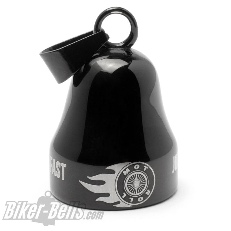 "Journeys Are Shorter If You Ride Fast, Enjoy The Ride" schwarze Mot Roll Glocke