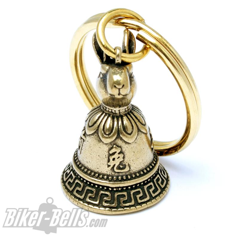 Mini Glocke mit chinesischem Sternzeichen Hase Glücksbringer Messing Tibet Bell