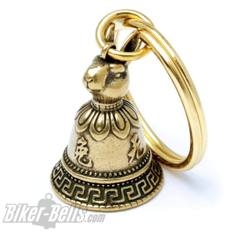 Mini Glocke mit chinesischem Sternzeichen Hase Glücksbringer Messing Tibet Bell