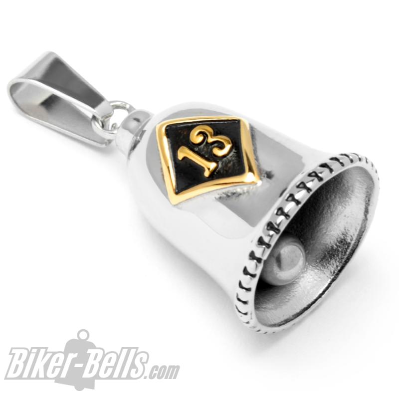 Lucky 13 Biker-Bell aus Edelstahl silber & gold Motorrad Glücksbringer Glocke