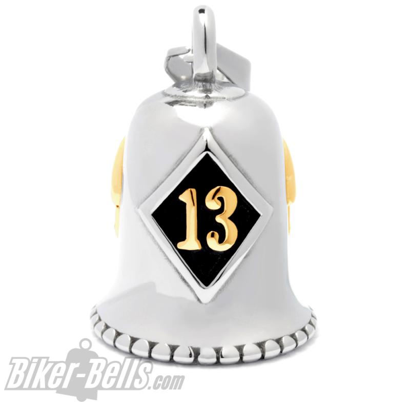 Biker-Bell mit goldener 13 Glücksbringer Glückszahl Edelstahl Motorrad-Glöckchen