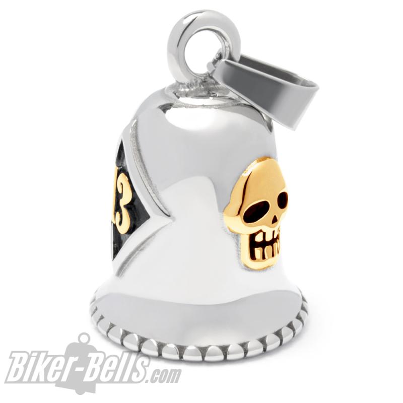 Biker-Bell mit goldener 13 Glücksbringer Glückszahl Edelstahl Motorrad-Glöckchen