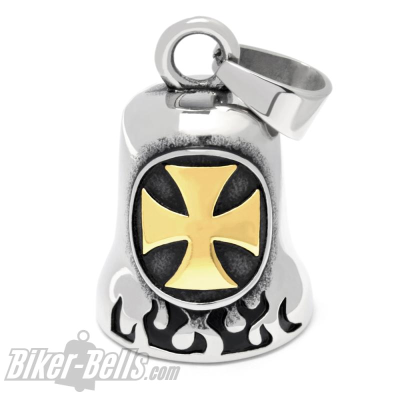 Large Iron Cross in Gold on Stainless Steel Biker-Bell with Flames Gift