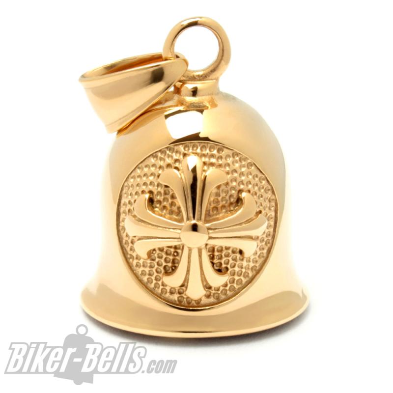 Golden Biker-Bell with Lily Cross Stainless Steel Motorcycle Lucky Bell