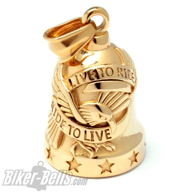 Gold Plated Live To Ride Biker-Bell With Eagle Stainless Steel Motorcycle Bell Lucky Charm