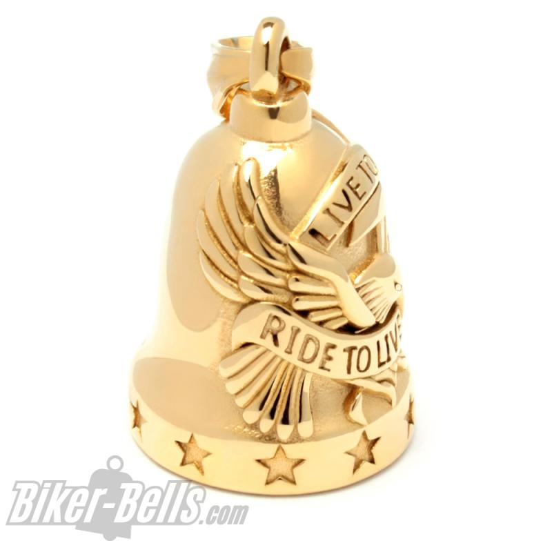 Vergoldete Live To Ride Biker-Bell mit Adler Edelstahl Motorrad-Glocke Glücksbringer