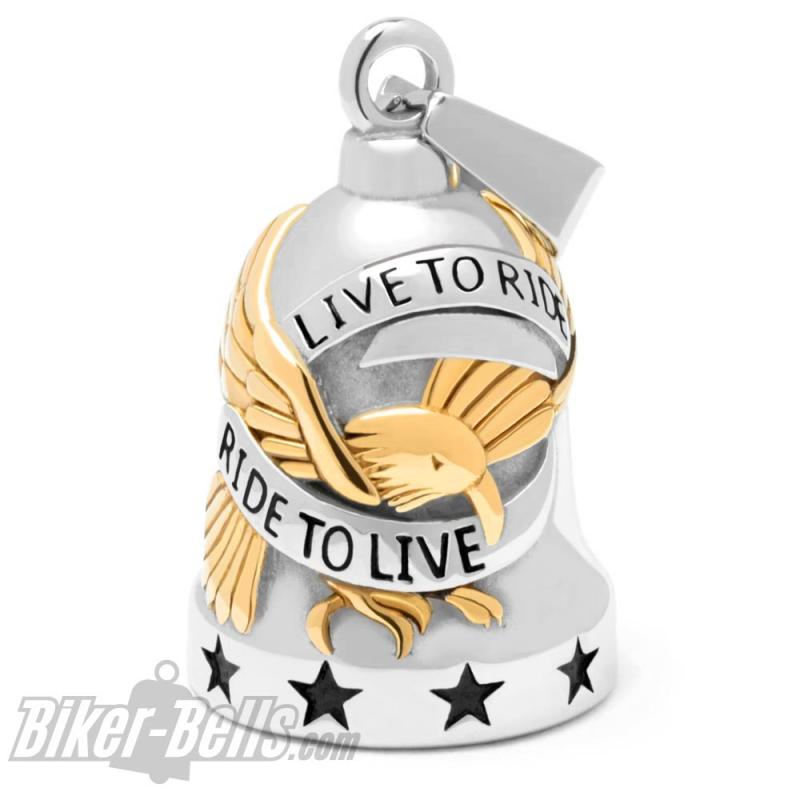 Live To Ride Biker-Bell mit Adler silber & gold Edelstahl Motorrad-Glocke Geschenk