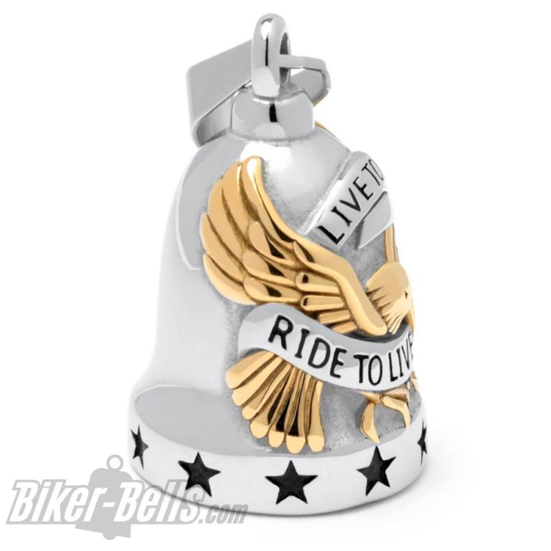 Live To Ride Biker-Bell mit Adler silber & gold Edelstahl Motorrad-Glocke Geschenk