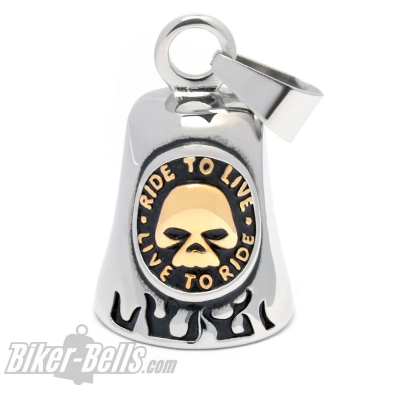 Live to Ride Biker-Bell mit goldenem Totenkopf aus Edelstahl Glücksbringer Glocke