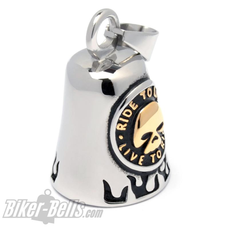 Live to Ride Biker-Bell mit goldenem Totenkopf aus Edelstahl Glücksbringer Glocke