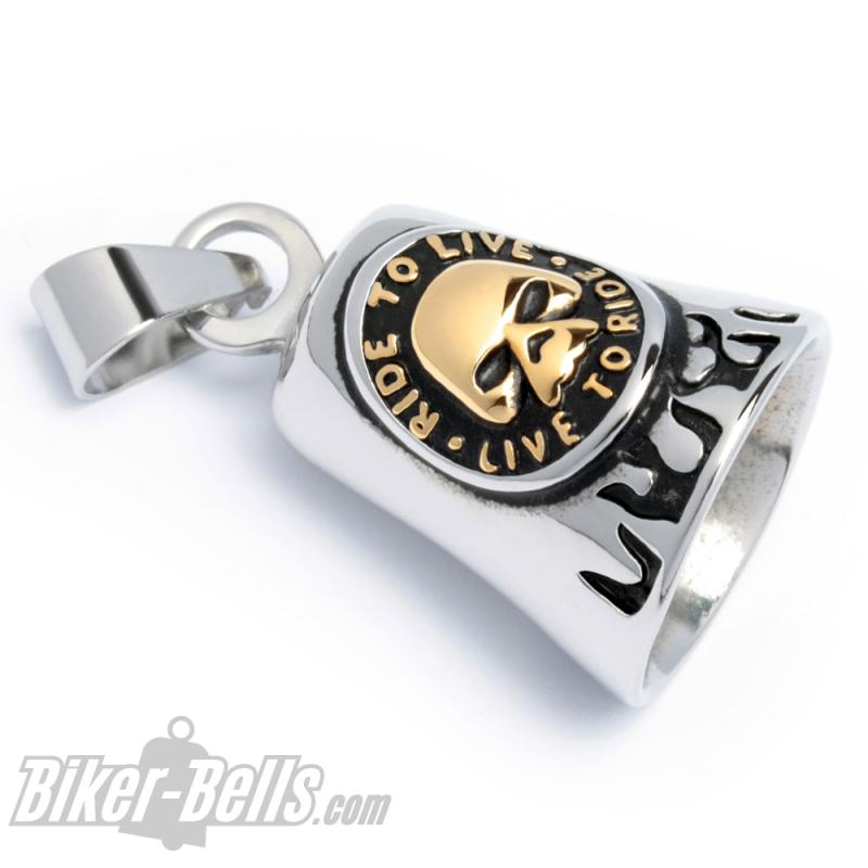 Live to Ride Biker-Bell mit goldenem Totenkopf aus Edelstahl Glücksbringer Glocke