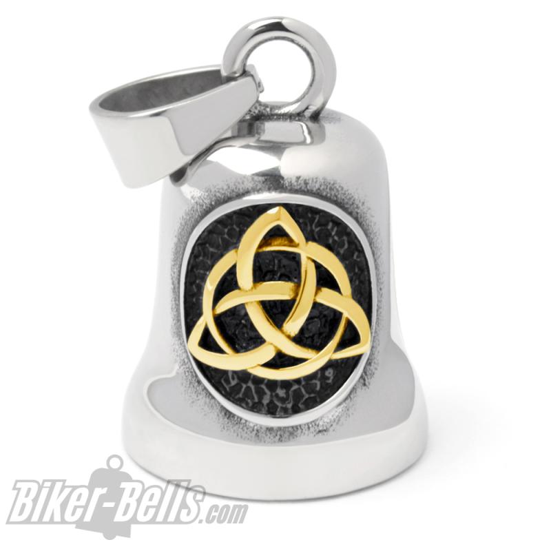 Biker-Bell mit vergoldeter Triqueta aus Edelstahl Wikinger Motorrad Glücksglöckchen