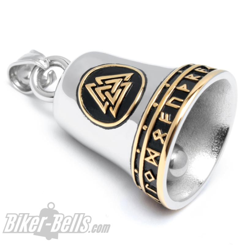 Vegvisir und Valknut zusammen mit goldenen Runen auf einer Biker-Bell aus Edelstahl