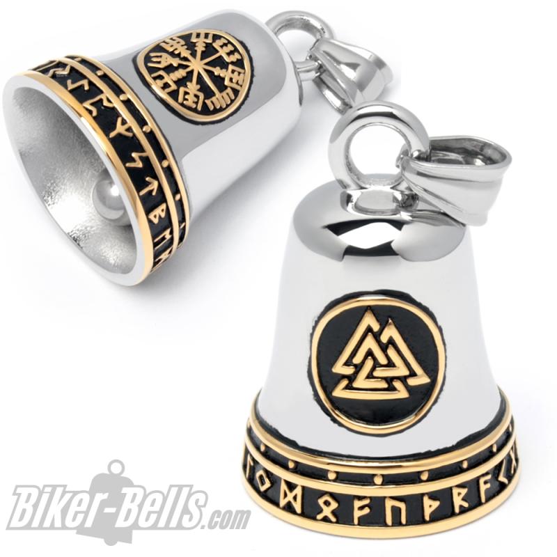 Vegvisir und Valknut zusammen mit goldenen Runen auf einer Biker-Bell aus Edelstahl