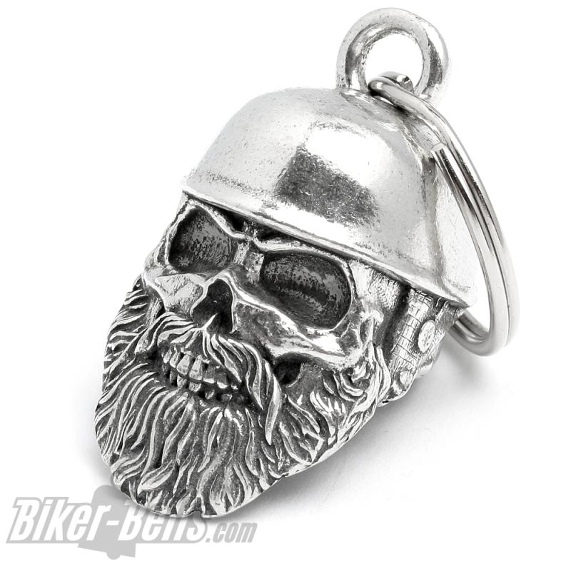 Oldschool Biker Totenkopf mit Bart und Helm Braincap Motorrad Glücksbringer Glocke