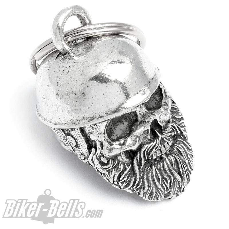 Oldschool Biker Totenkopf mit Bart und Helm Braincap Motorrad Glücksbringer Glocke