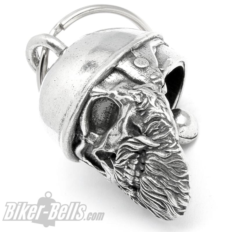Oldschool Biker Totenkopf mit Bart und Helm Braincap Motorrad Glücksbringer Glocke
