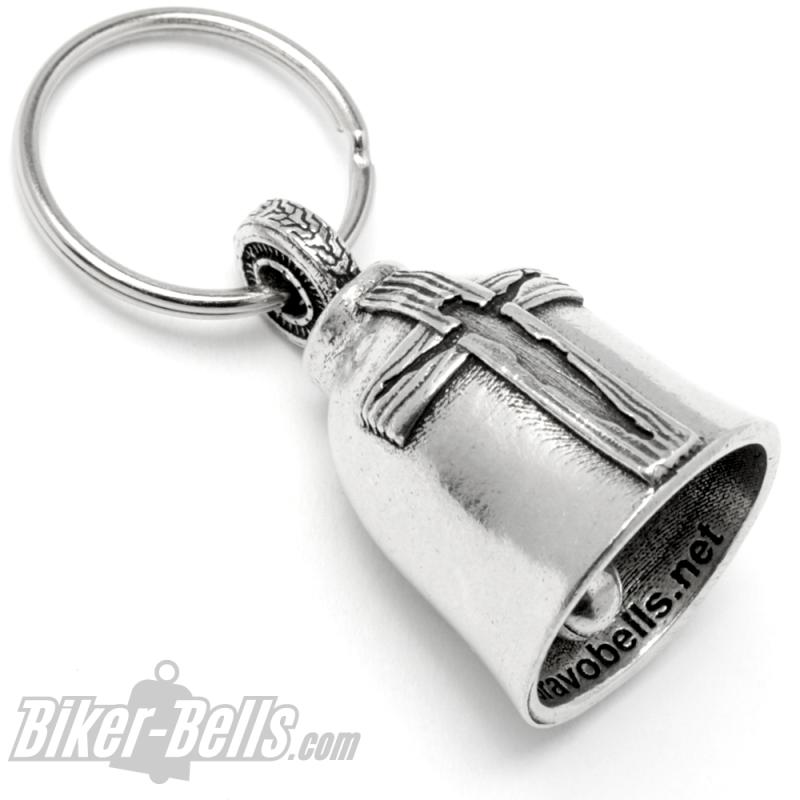 Schlichtes Kreuz mit Jesus Umriss auf Biker-Bell Motorrad-Reifen Glücksglocke Schlichtes Kreuz mit Jesus Umriss auf Biker-Bell Motorrad-Reifen Glücksglocke