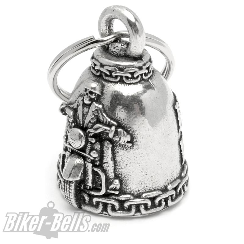 Geile Biker-Bell "Ride It Like You Stole It" mit Ketten und Flammen Motorradglocke