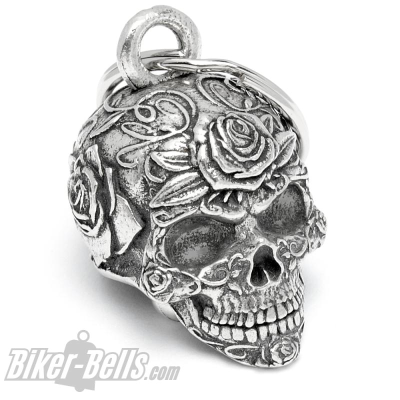 3D Totenkopf Bravo Bell verziert mit Rosen Blumen Candy Skull Biker Lady Geschenk