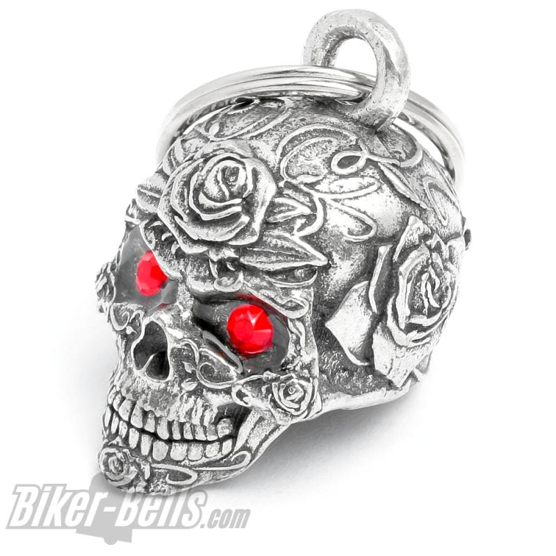 3D Rosen Totenkopf mit roten Steinen Diamond Biker-Bell für Motorradfahrerinnen 3D Rosen Totenkopf mit roten Steinen Diamond Biker-Bell für Motorradfahrerinnen