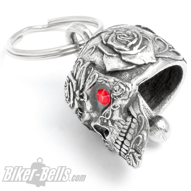 3D Rosen Totenkopf mit roten Steinen Diamond Biker-Bell für Motorradfahrerinnen 3D Rosen Totenkopf mit roten Steinen Diamond Biker-Bell für Motorradfahrerinnen