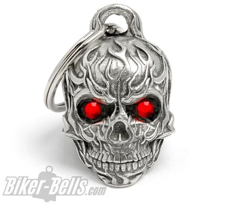 3D Totenkopf mit Flammen und roten Augen Motorrad Glücksbringer Diamond Bell Geschenk