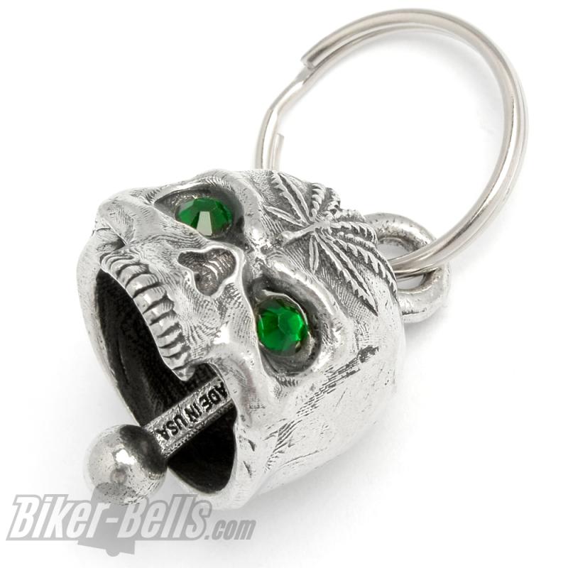3D Skull Pothead Biker Bell with Cannabis Hemp Leaf Weed and Green Eyes Diamond Bell 3D Skull Pothead Biker Bell with Cannabis Hemp Leaf Weed and Green Eyes Diamond Bell