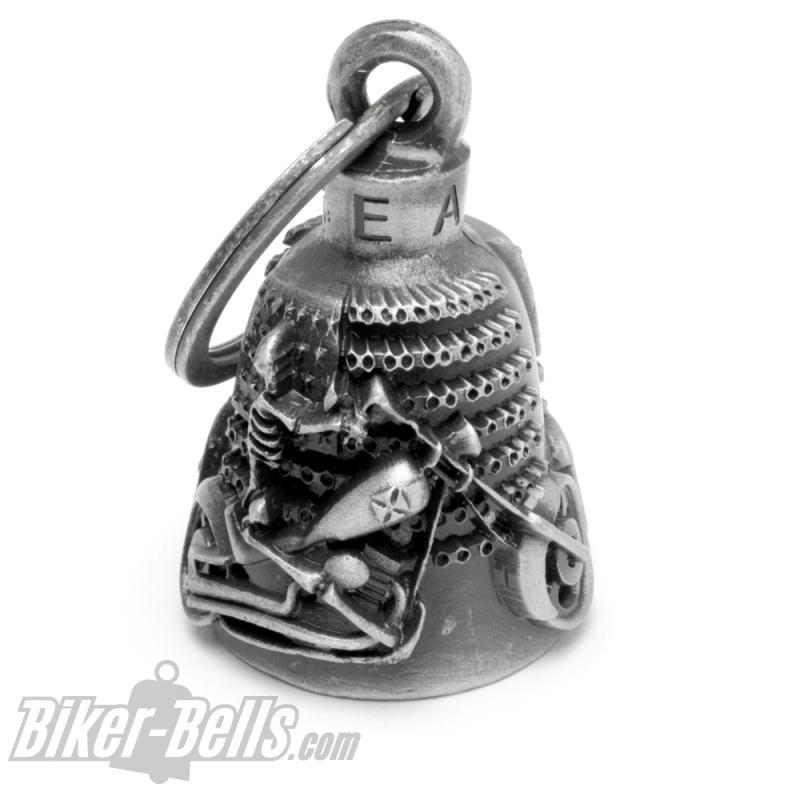Motorrad mit Skelett vor USA-Flagge American Chopper Biker-Bell Glücksbringer