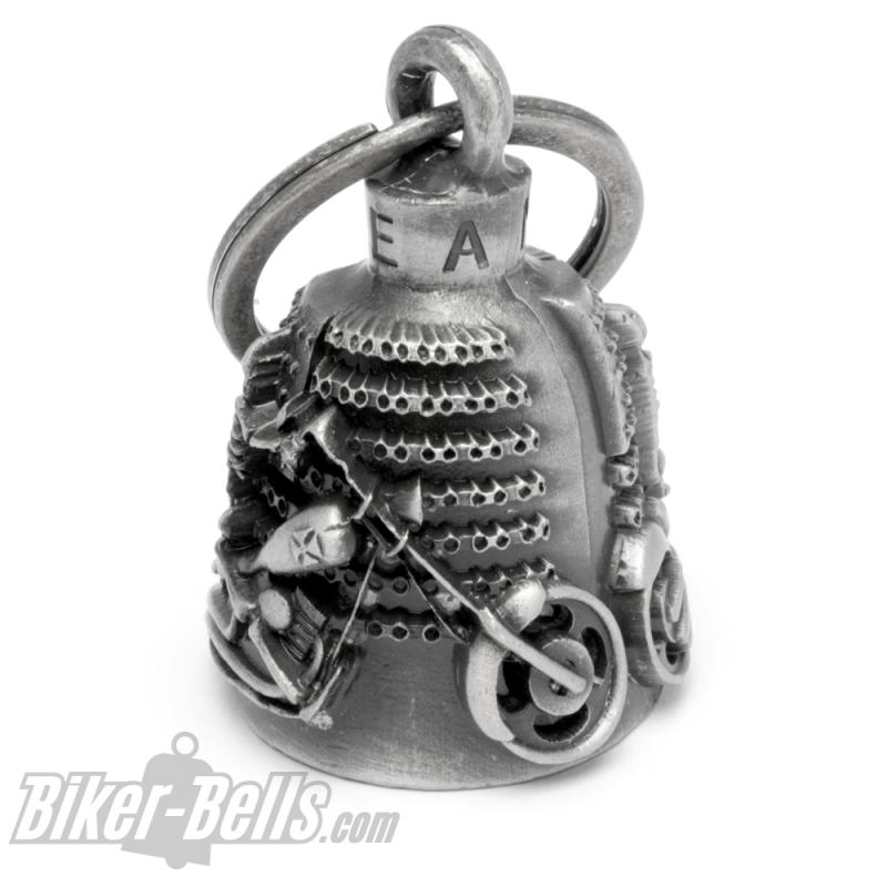 Motorrad mit Skelett vor USA-Flagge American Chopper Biker-Bell Glücksbringer