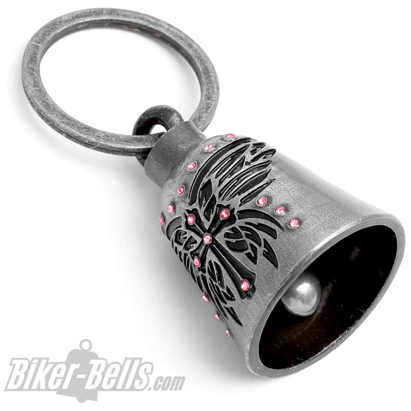 Lady Biker-Bell Kreuz mit Schmetterling-Flügel pinker Strass Motorradfahrer Geschenk
