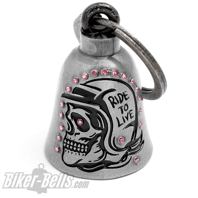 Live To Ride Totenkopf mit Motorrad-Helm Dunkelgrau Pink Strass Biker Glücksbringer