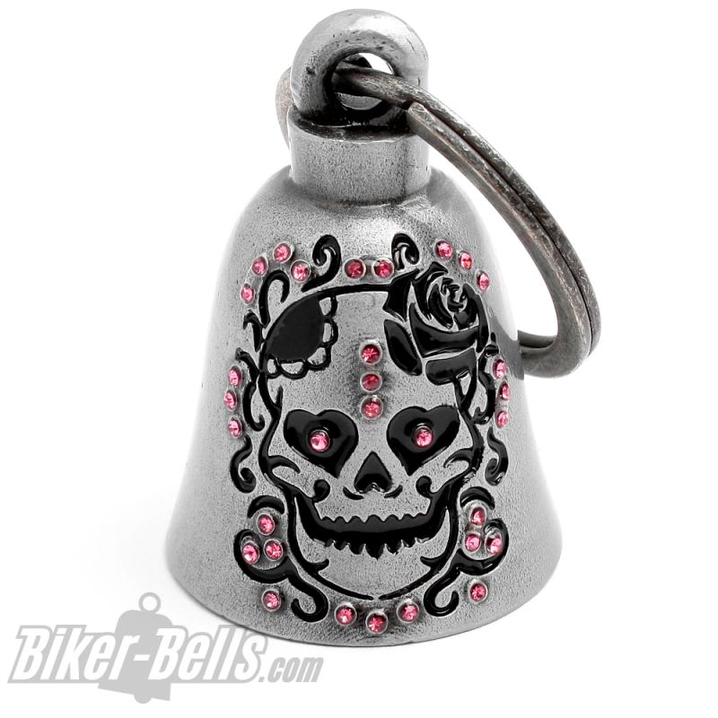 Lady Totenkopf Biker-Bell mit Herzen, Rose und pinken Strasssteinen Glücksbringer