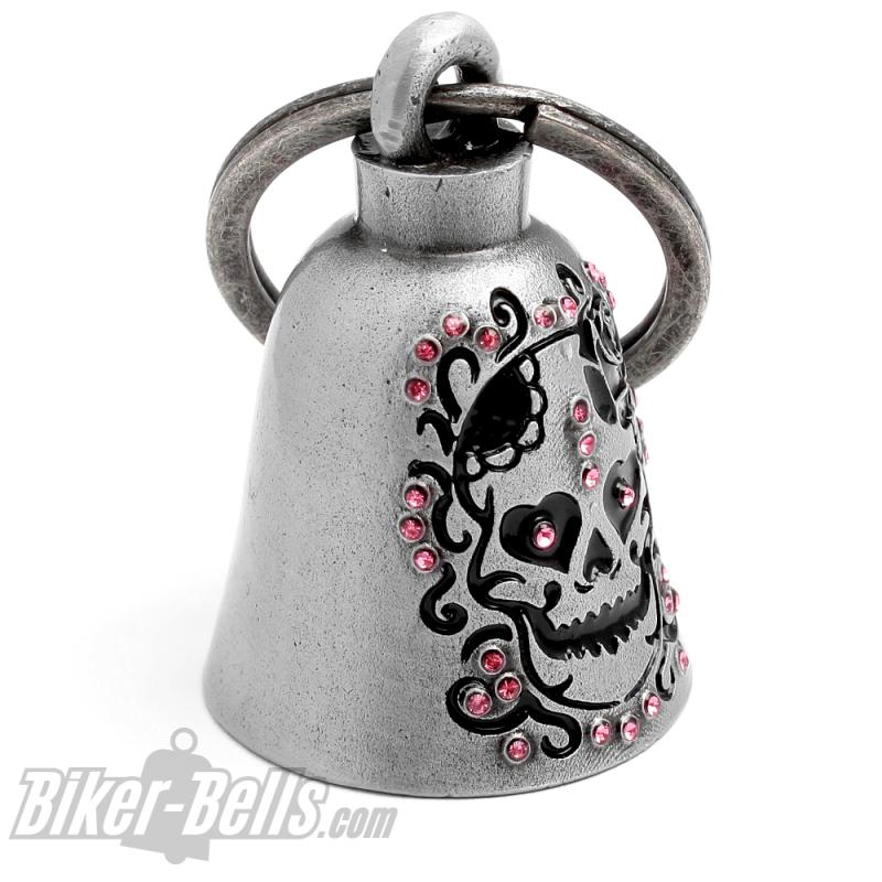 Lady Totenkopf Biker-Bell mit Herzen, Rose und pinken Strasssteinen Glücksbringer