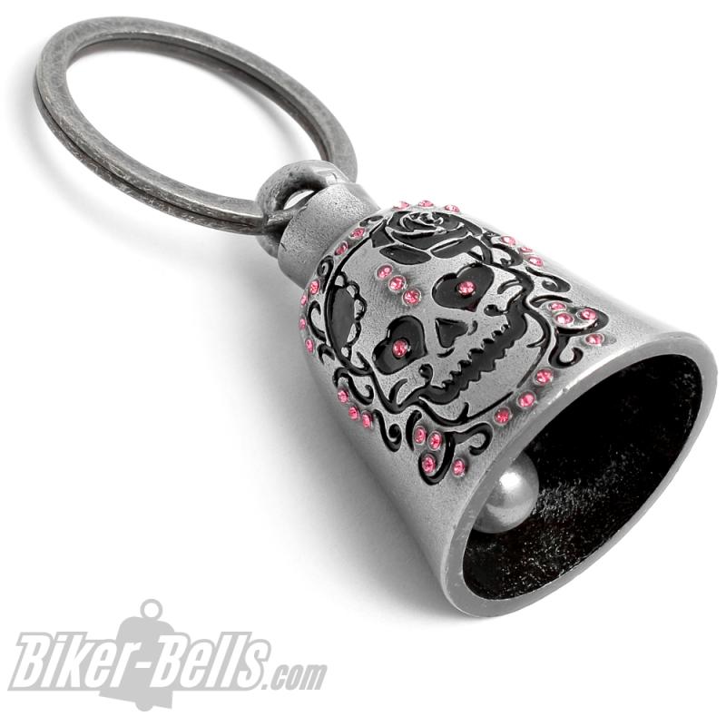 Lady Totenkopf Biker-Bell mit Herzen, Rose und pinken Strasssteinen Glücksbringer